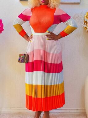 Plus Size Two-Piece Set - Printed Mock Neck Long Sleeve Top & Pleated Skirt